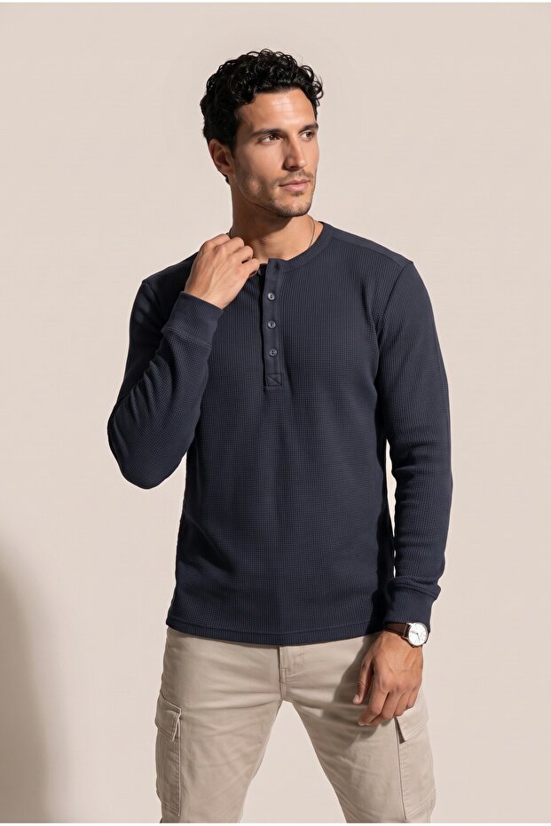 Men's Navy Blue 6211 Buttoned Collar Waffle Sweatshirt
