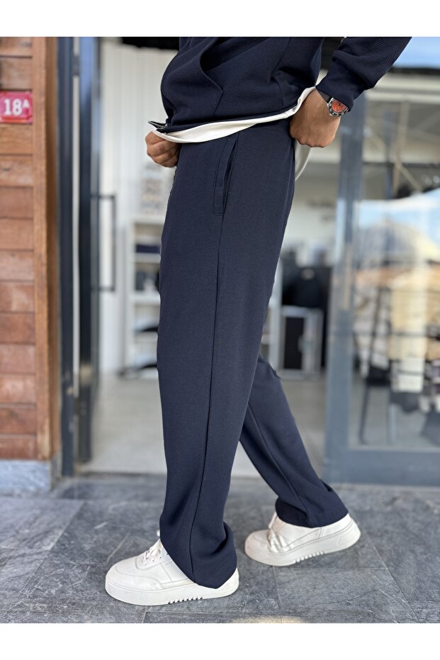 Navy Blue Waffle Fabric Basic Tracksuit Mrk-2871