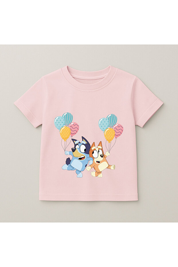 Bluey and Bingo Colorful Balloon Printed Kids T-Shirt 100% Cotton Pink