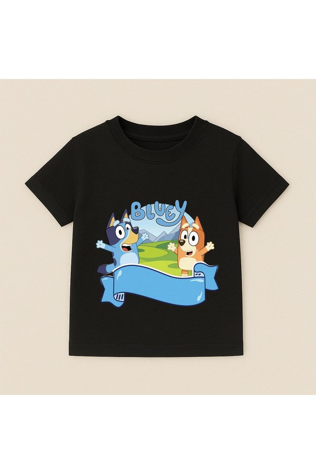 Bluey and Bingo Bed Printed Kids T-Shirt 100% Cotton Black