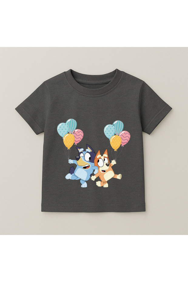 Bluey and Bingo Colorful Balloon Printed Children's T-Shirt 100% Cotton Smoked