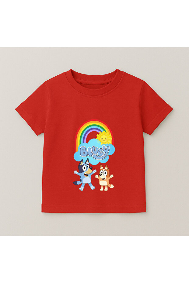 Bluey Rainbow Birthday Printed Kids T-Shirt 100% Cotton Red