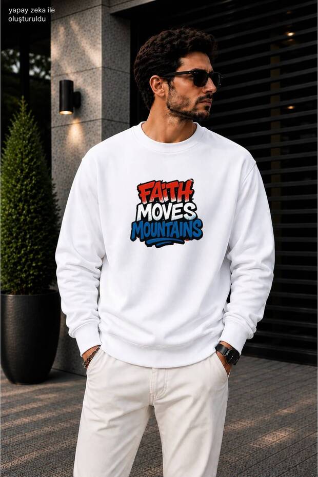 Erkekaith Moves Mountains Graffiti Typographic Printed Crew Neck Casual Regular Fit Sweatshirt