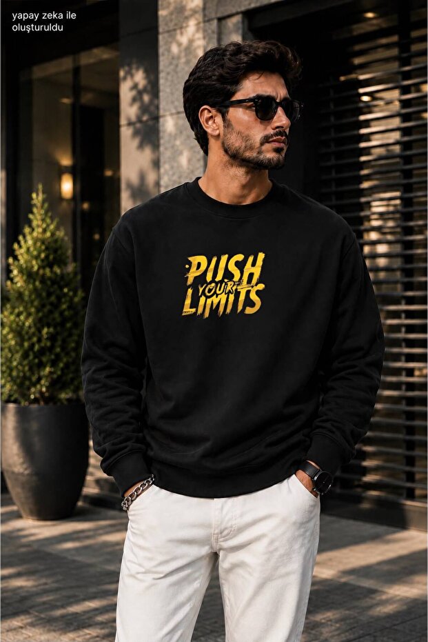 Men's Push Your Limits Typographic Printed Crew Neck Casual Regular Fit Sweatshirt
