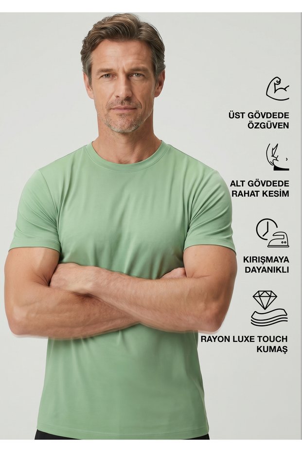 Cappadocia | Brushed Rayon Fluid - Ribbed Collar - Qsimple Muscle Fit Hide Belly Tshirt - Valley Sage