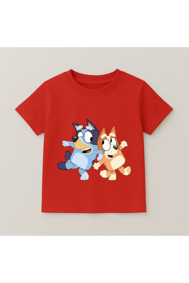 Bluey and Bingo Dance Printed Kids T-Shirt 100% Cotton Red