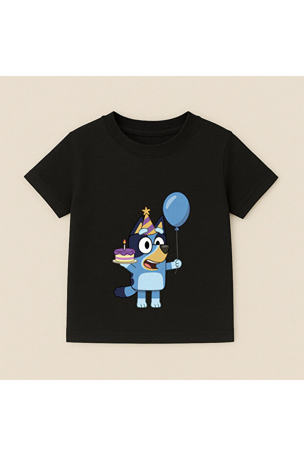 Bluey Blue Balloon Printed Children's T-Shirt 100% Cotton Black