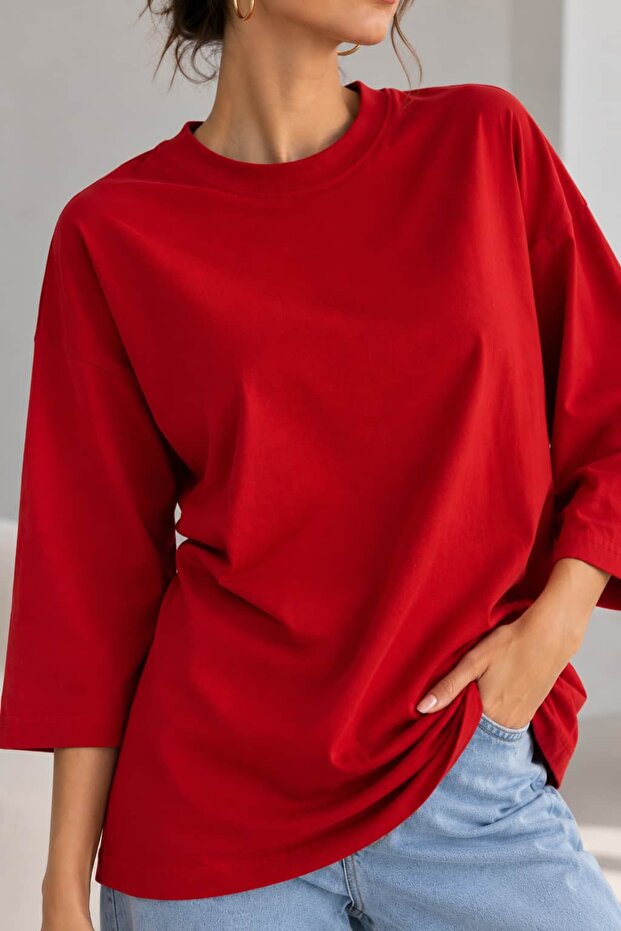 Women's Oversize Modal Blouse with Three-Quarter Sleeves Basic - Red Lnc34