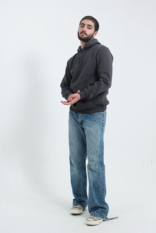 Men's Plain Hooded 3 Thread Raster Gray Sweatshirt