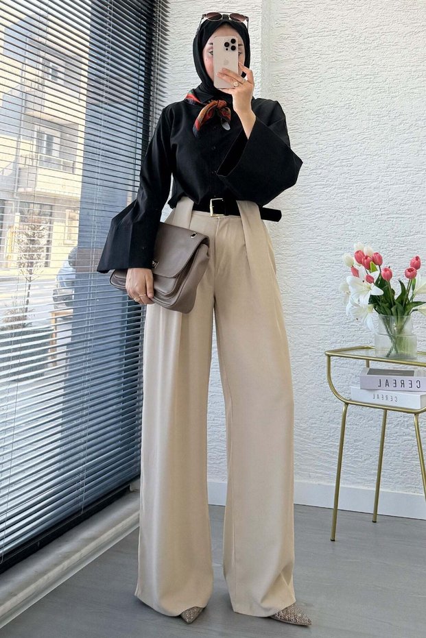 Premium bridge detailed belted twill palazzo pants - stone
