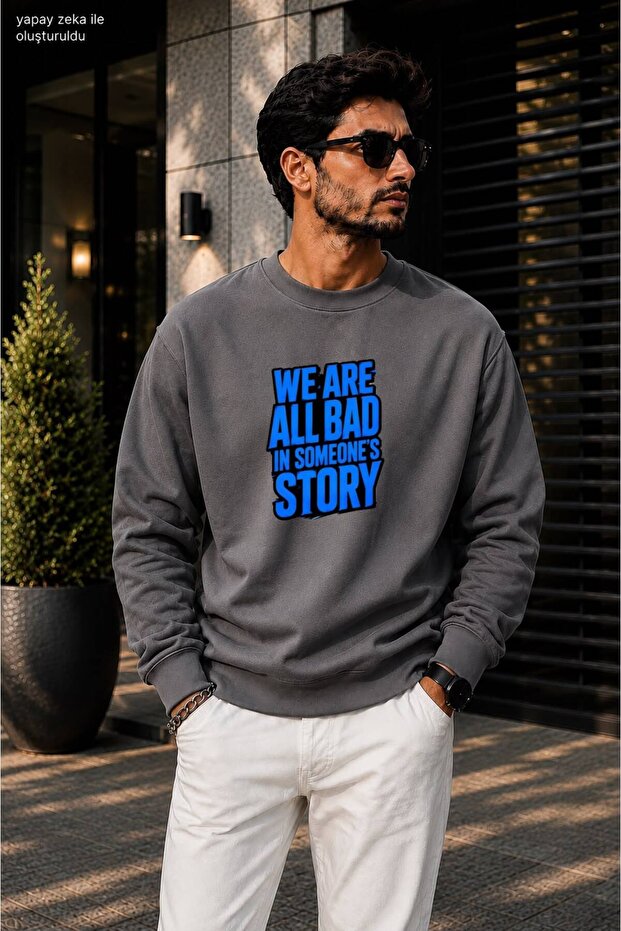 Men's Blue Typographic Graphic Printed Crew Neck Casual Regular Fit Sweatshirt