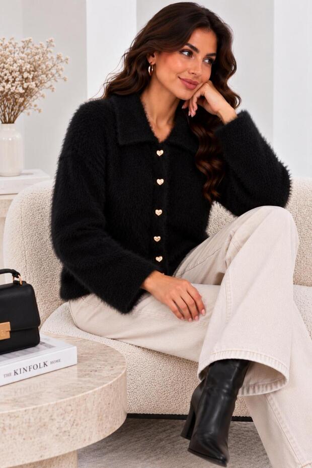 Women's Shirt Collar 7 Heart Gold Buttoned Long Furry Embroidered Knitwear Jacket