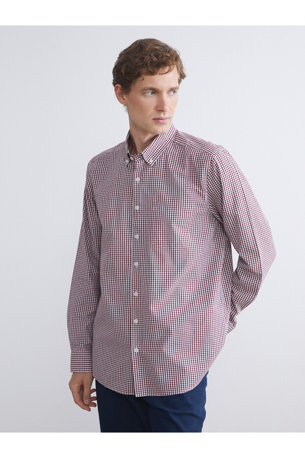 Regular Fit Long Sleeve Plaid Poplin Men's Shirt