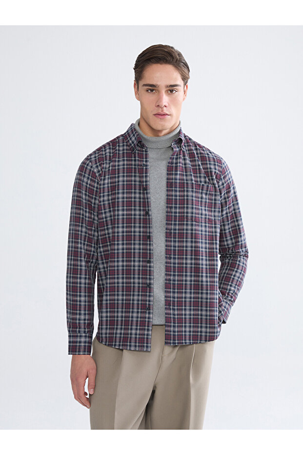 Regular Fit Long Sleeve Plaid Men's Shirt