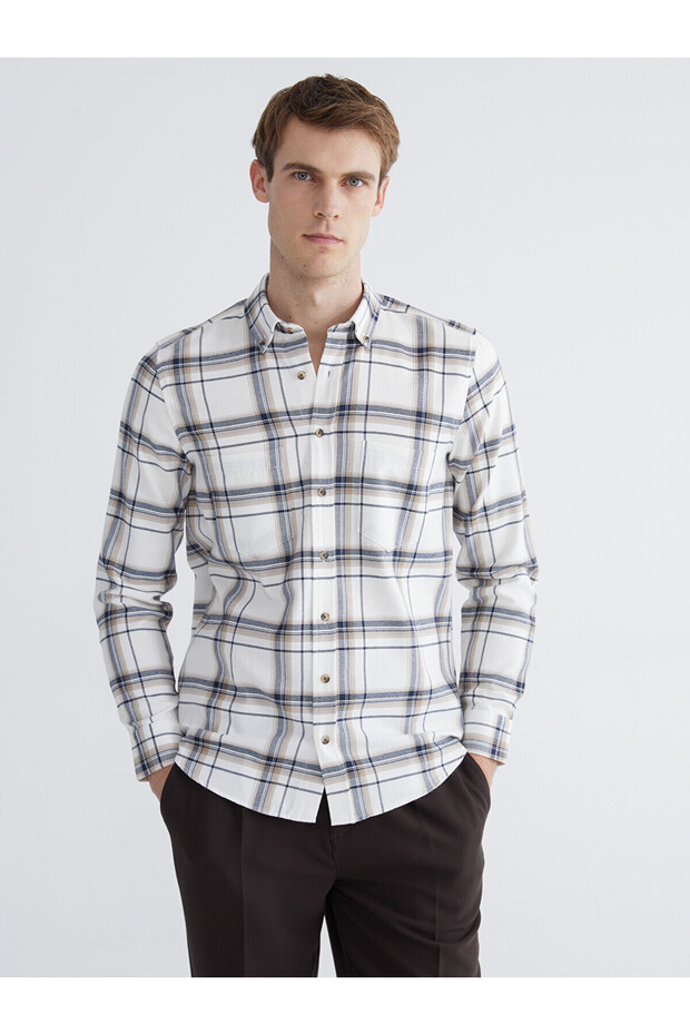 Regular Fit Long Sleeve Plaid Gabardine Men's Shirt