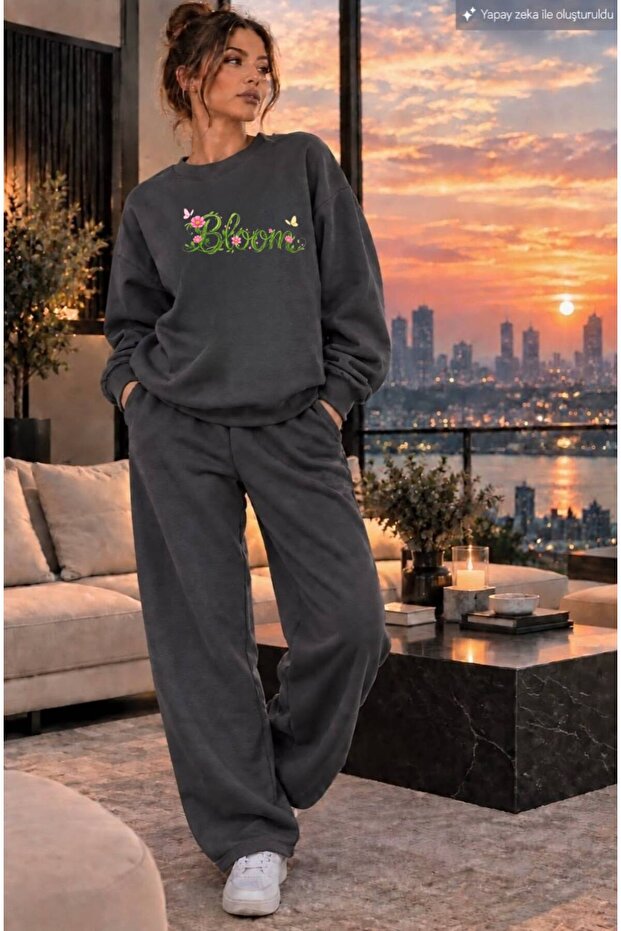 Women's Bloom Floral Patterned Crew Neck Regular Fit Women's Tracksuit Set