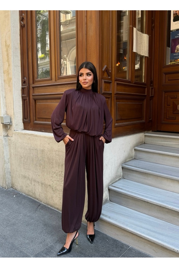 Women's Brown Padded Asymmetrical Blouse with Elastic Waist and Pockets, Shalwar Trousers, Two-Piece Set