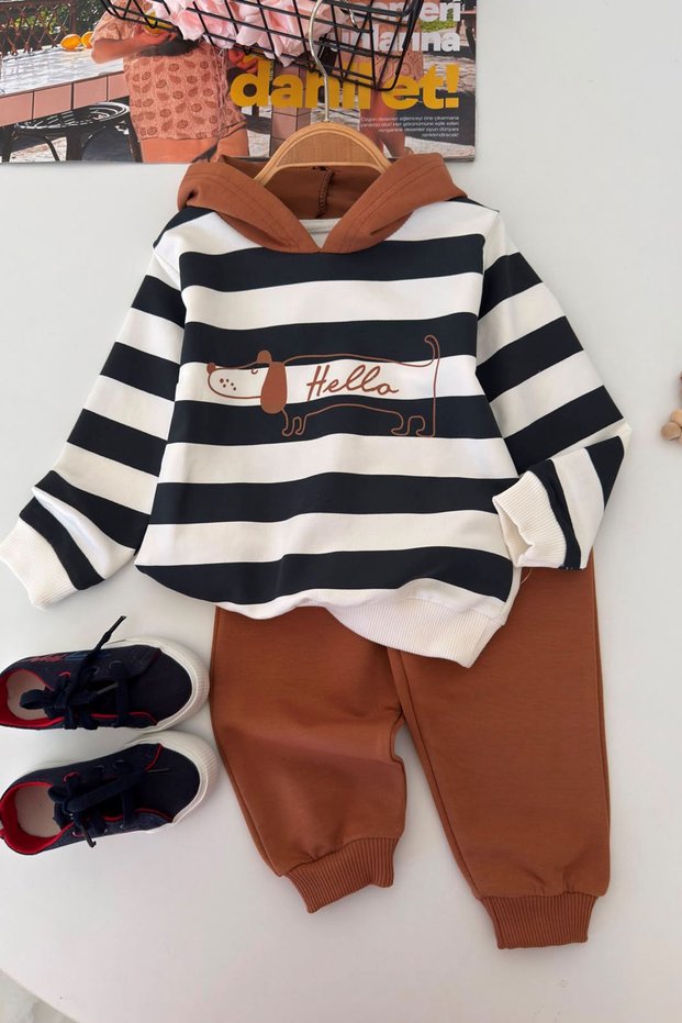 Hello Dog Printed Hoodie for Boys Seasonal 2-Piece Set - Tan