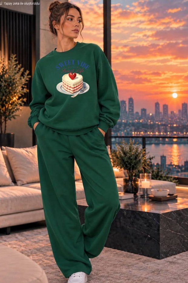 Women's Sweet Vibe Cake Printed Crew Neck Regular Fit Women's Tracksuit Set