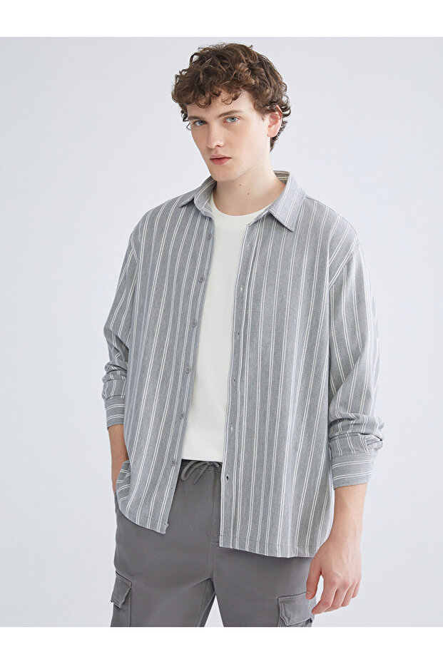 Grey Regular Fit Long Sleeve Striped Men's Shirt from Plus-Store