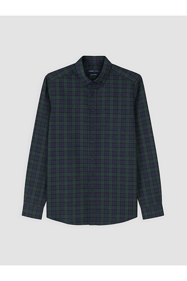 Lcwaikiki Classic Green Regular Fit Plaid Gabardine Men's Shirt