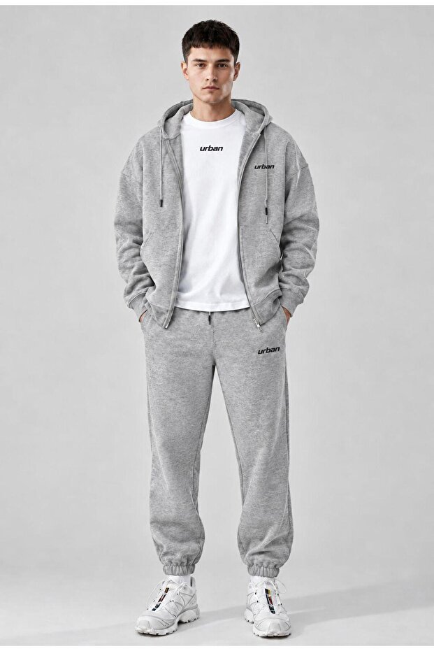Men's Printed Oversize Zipper Hooded Sweatshirt, Crew Neck T-Shirt and Rubber Cuff Sweatpants Three-Piece Set