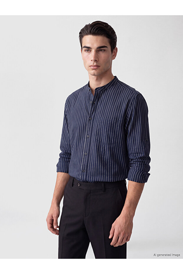 Lcwaikiki Classic Navy Blue Regular Fit Judge Collar Striped Men's Shirt