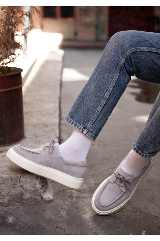 Nova Model Genuine Leather Handmade Gray Suede Casual Shoes