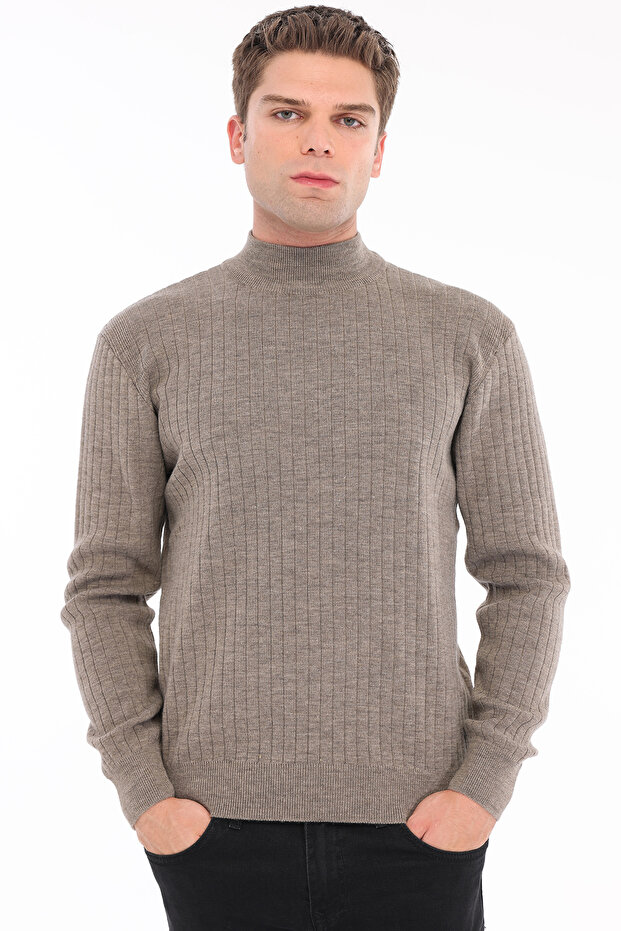 Mink Men's 80% Wool 20% Acrylic Ribbed Knit Half Turtleneck Sweater Trist-5372