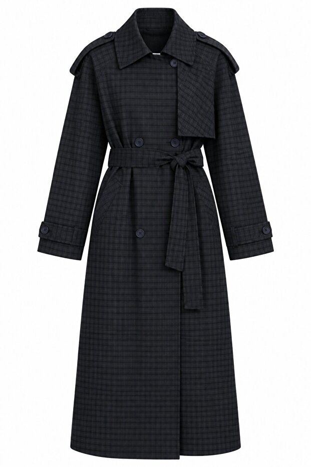 Black Plaid Patterned Long Trench Coat - 9738