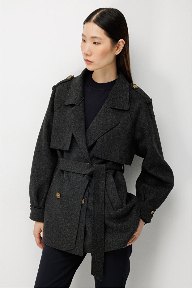 Silvery Fabric Belted Coat