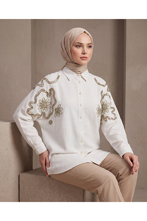 Embroidered Oversized Linen Shirt