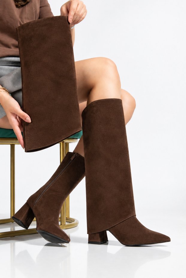 Women's Brown Suede Zippered Below-The-Knee Heeled Boots (Removable Boots, No Calf Problems)