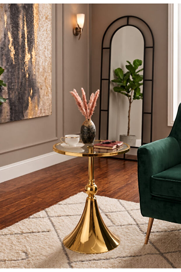Golden Round Side Table with Glossy Conical Base