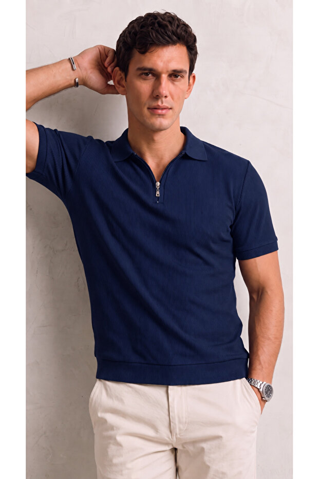 Men's Short Sleeve Half Zipper Ribbed Slim T-Shirt