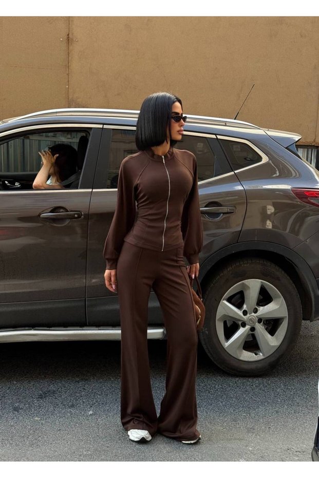 Women's Coffee Color Waist-Tie Zipper Cardigan and Wide-Leg Pants Set