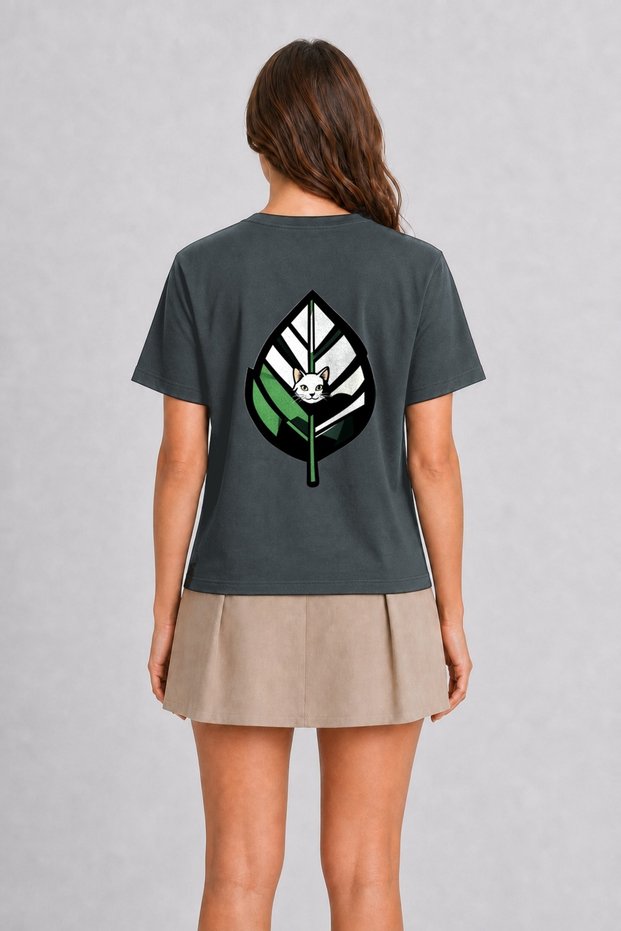 Modern Cat and Leaf Graphic Print - Back Print T-Shirt - Smoked