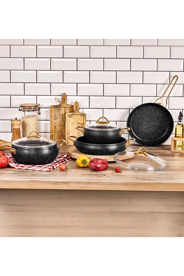 Taç Luna 7 Piece Granite Cookware Set Black