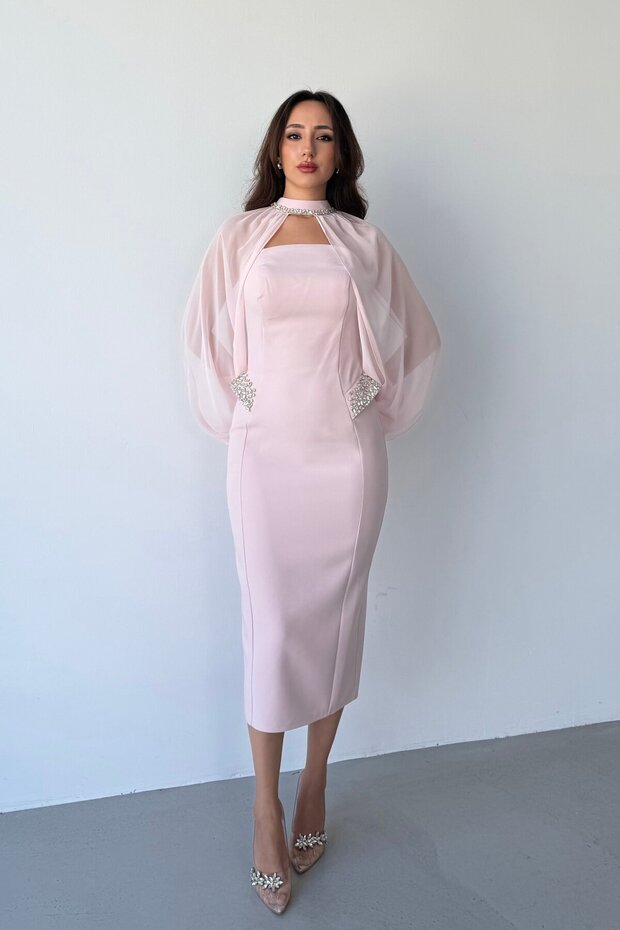 Powder Strapless Cape and Stone Detailed Midi Evening Dress