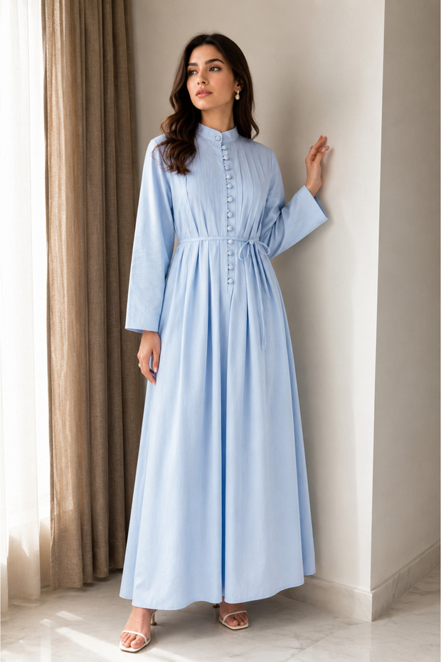 - Light Blue Maxi Dress with Mandarin Collar with Pleated Front