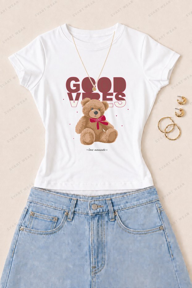 Women's Good Vibes Teddy Bear Printed Cotton Lycra Slim Fit Body T-Shirt - White