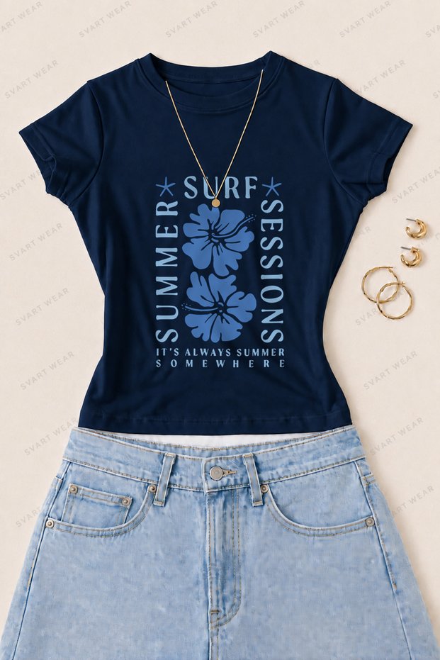 Women's Summer Surf Session Printed Cotton Lycra Slim Fit Body T-Shirt - Navy Blue