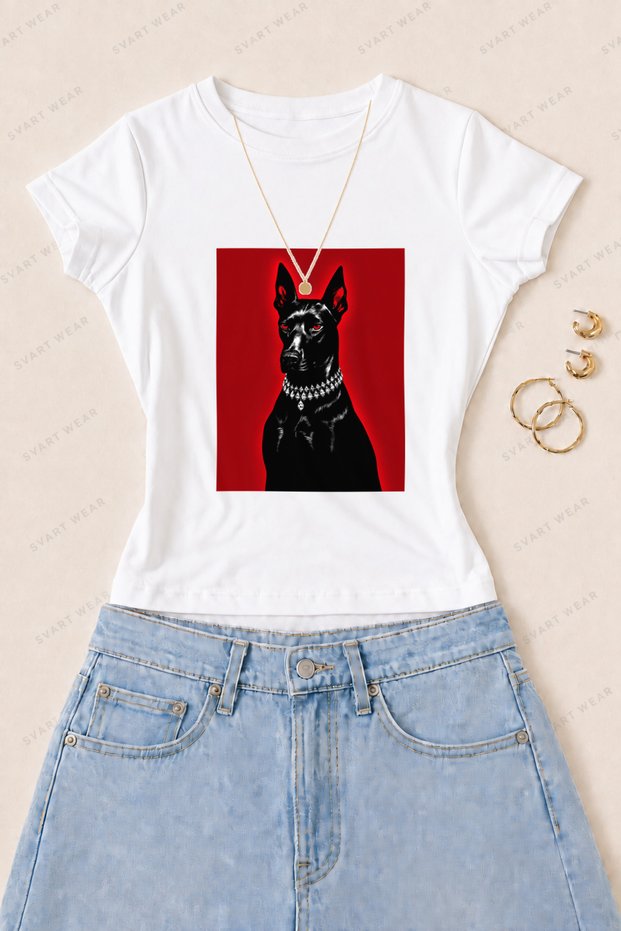 Women's Doberman Portrait Printed Cotton Lycra Slim Fit Body T-Shirt - White