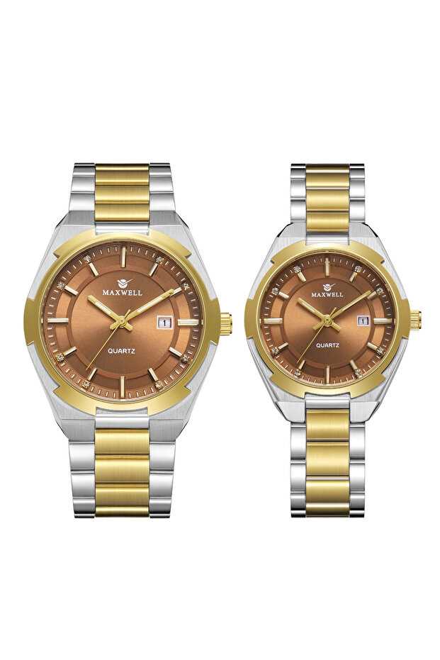 طقم ساعات رجالي ونسائي كوارتز ثنائي اللون ذهبي وفضي بمينا نحاسي -MAXWELL Men's & Women's Quartz Couple Watch Set - Gold/Silver Brown Dial