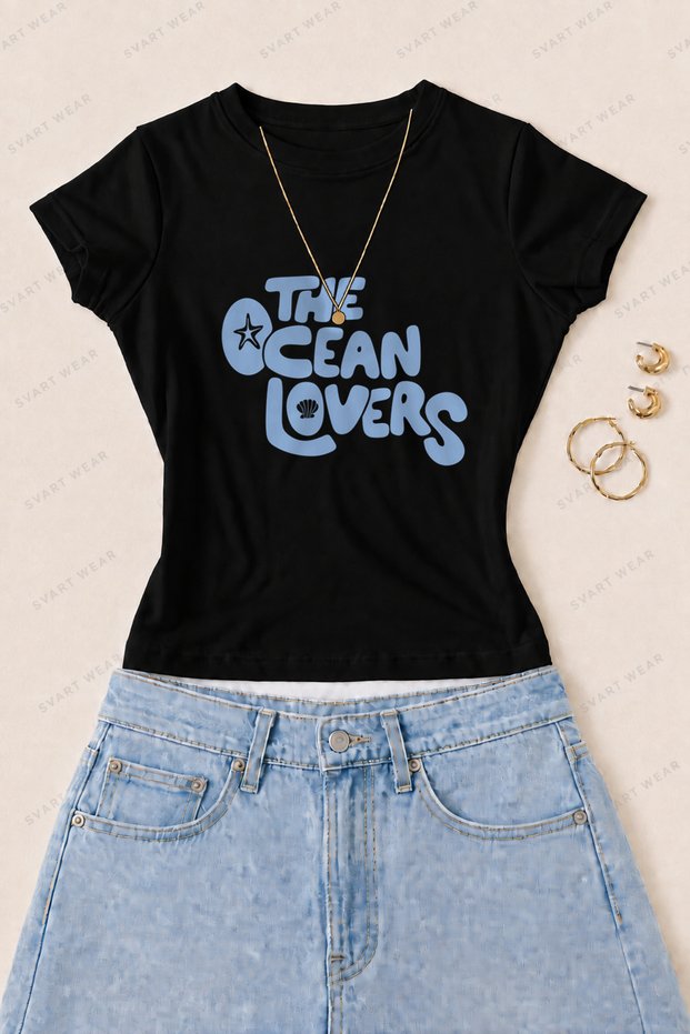 Women's the Ocean Lovers Printed Cotton Lycra Slim Fit Body T-Shirt - Black