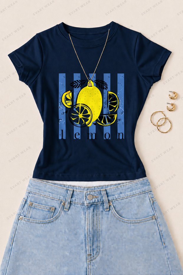 Women's Lemon Lemon Printed Cotton Lycra Slim Fit Body T-Shirt - Navy Blue