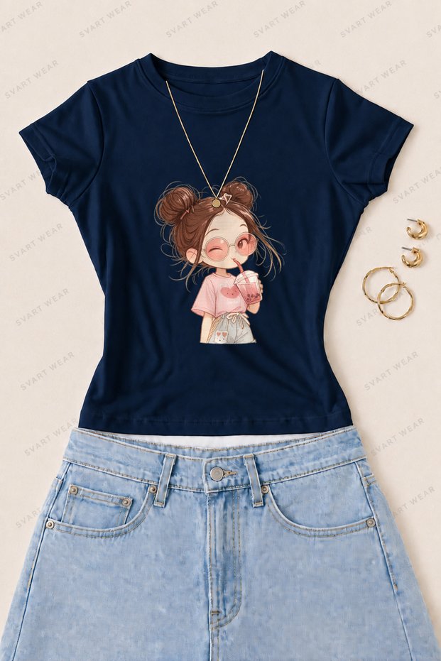 Women's Cute Girl Illustration Printed Cotton Lycra Slim Fit Body T-Shirt - Navy Blue