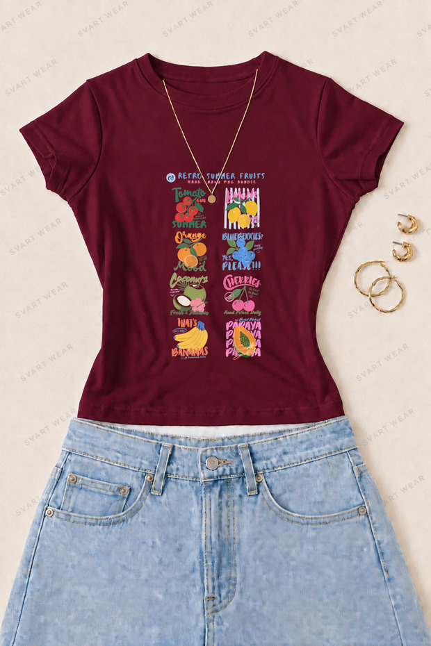 Women's Retro Summer Fruits Printed Cotton Lycra Slim Fit Body T-Shirt - Burgundy