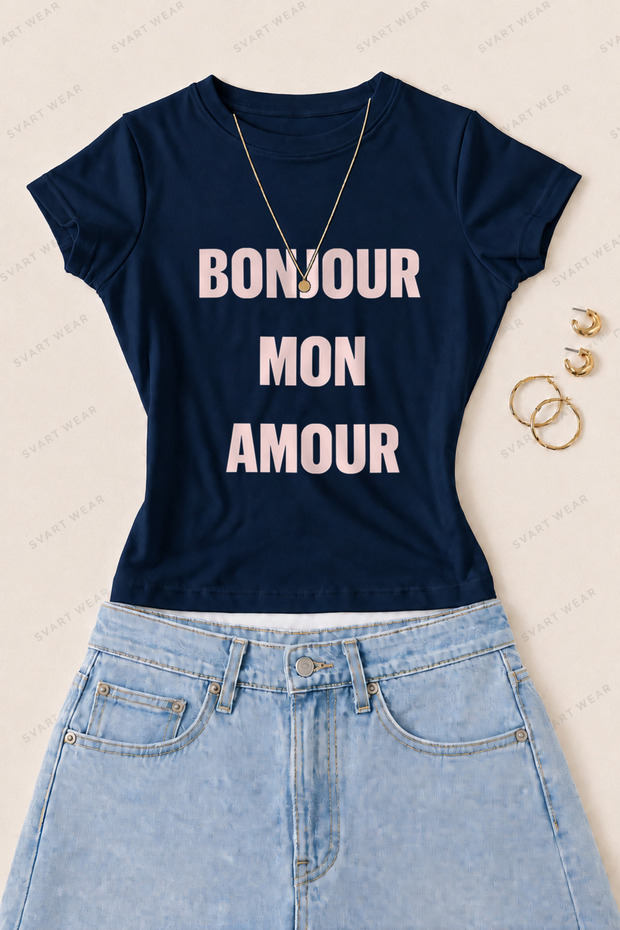 Women's Bonjour Mon Amour Printed Cotton Lycra Slim Fit Body T-Shirt - Navy Blue