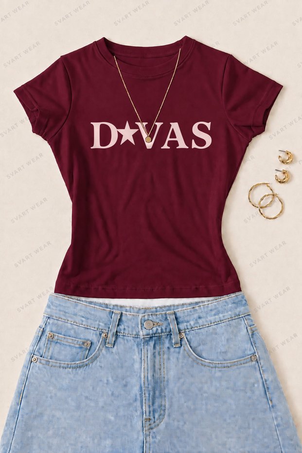Women's Divas Printed Cotton Lycra Slim Fit Body T-Shirt - Burgundy